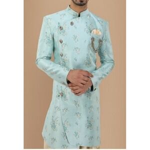 Manyavar Mens Art Silk Blue Floral Indo Western Wear Angrakha Jacquard Jacket XL